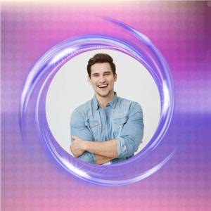Portrait of a smiling young man in a blue shirt with a vibrant circular frame.