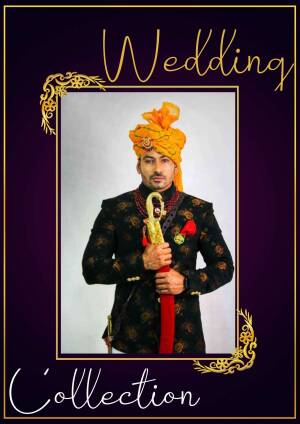 A portrait of an Indian groom in traditional wedding attire.