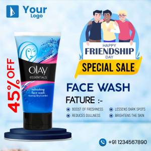 Olay Essentials Face Wash advertisement with a Friendship Day theme.