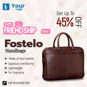 Promotional image for a Friendship Day handbag sale featuring a brown leather-look handbag and a 45% off discount.