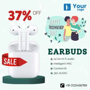 Image advertising a 37% off sale on earbuds for Friendship Day, featuring a couple and wireless earbuds.