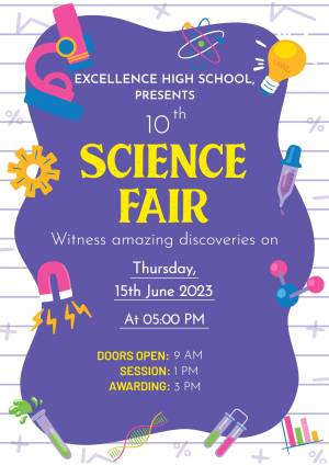 Poster for Excellence High School's 10th Science Fair featuring science-related illustrations.