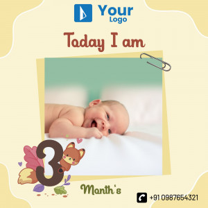 Image of a smiling baby celebrating 3 months with a decorative frame and animal illustrations.