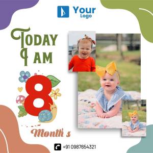 Image celebrating a baby's 8-month milestone with photos and colorful illustrations.