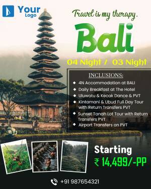 Bali travel package advertisement with temple and tour details