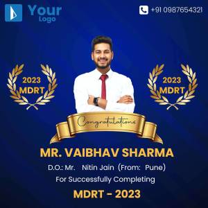 Image of Vaibhav Sharma celebrating MDRT 2023 achievement with laurel wreaths and a congratulatory banner.