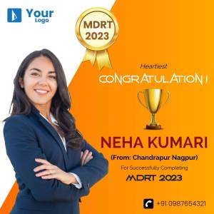 Image of Neha Kumari celebrating MDRT 2023 completion with a gold badge and trophy.