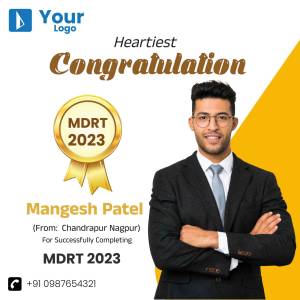 Image of Mangesh Patel celebrating MDRT 2023 qualification with a badge and congratulatory message.
