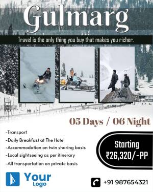 Gulmarg travel package advertisement with snow-covered mountains and winter activities.