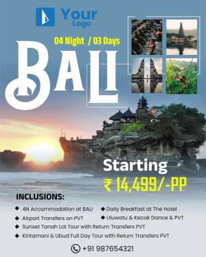 Bali travel package advertisement with scenic views and package details.