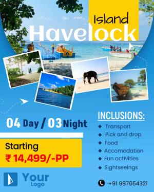 Havelock Island travel package advertisement with images of beaches, elephants, and boats.