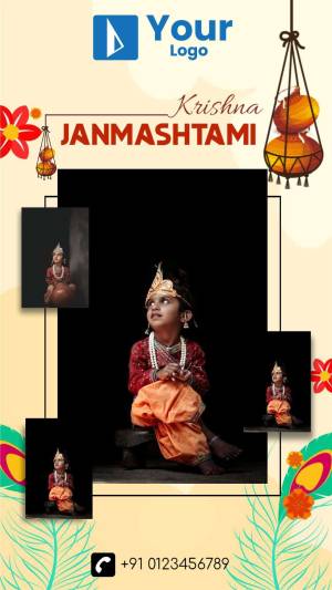 Janmashtami poster with images of baby Krishna and festive decorations