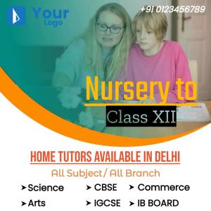 Image of a woman tutoring a young boy with text advertising home tutors for all classes and subjects in Delhi.