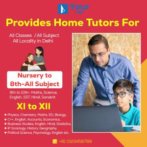 Advertisement for home tutors in Delhi, featuring a tutor and students.