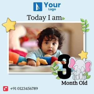 A cute baby celebrating their 3-month milestone with a colorful frame and toys.