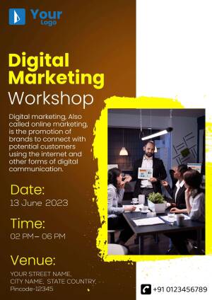 Poster advertising a Digital Marketing Workshop with date, time, and venue details.