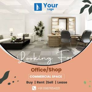 Modern office space with furniture and a 'Looking for Office/Shop' advertisement.