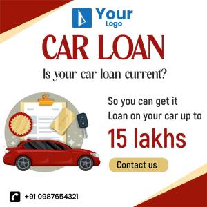 Advertisement for car loans with a red car and loan details.