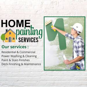 Advertisement for home painting services featuring a painter and text overlay.