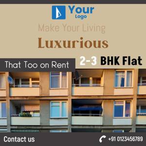 Image of a building with text promoting luxury apartments for rent.