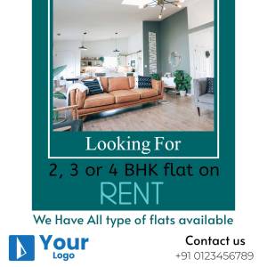 Interior view of a modern living room with text advertising flats for rent.