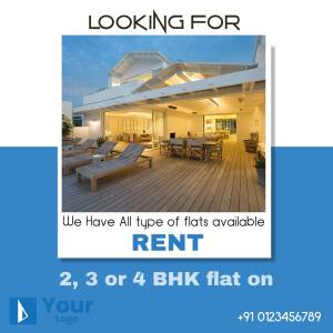 Modern house with a pool and patio, advertising flats for rent.