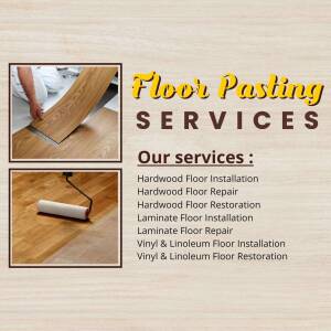 Floor pasting services advertisement with images of hardwood and laminate flooring installation and repair.