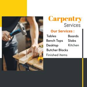 A carpenter using a hammer on a wooden table, advertising carpentry services.