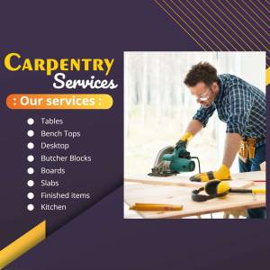 Carpenter working on wood with a circular saw, advertising carpentry services.