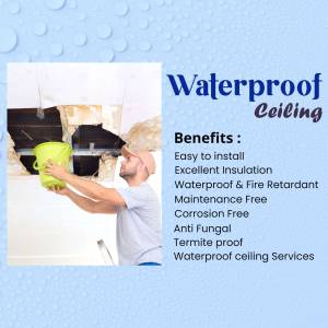 A worker installing a waterproof ceiling with a bucket and tools.