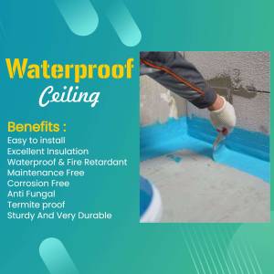 A worker applying waterproof coating to a ceiling with text highlighting benefits.