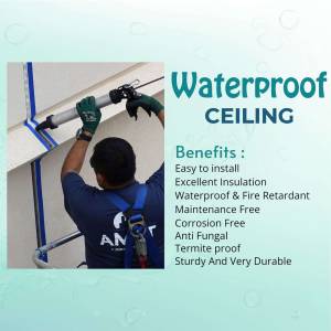 A worker applying sealant to a ceiling for waterproofing.