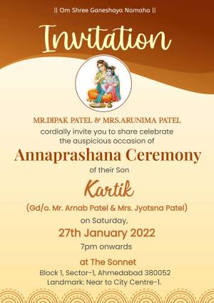 Invitation card for Annaprashana ceremony of Kartik, son of Dipak and Arunima Patel