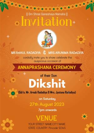 Annaprashana invitation card for Dikshit, son of Rahul and Arunima Radadiya