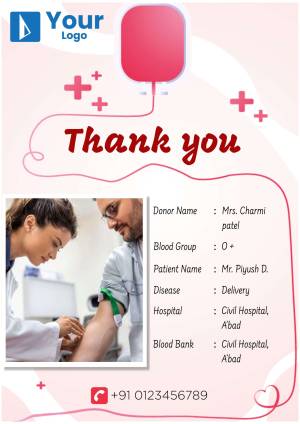 Thank you card for blood donation with donor and patient information.