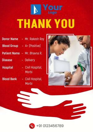 Thank you card for blood donor with donor and patient details