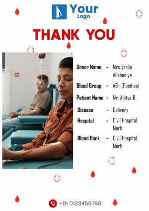 Image showing a blood donation scene with a thank you message and donor information.