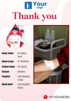 Thank you card for blood donation with donor and patient details.