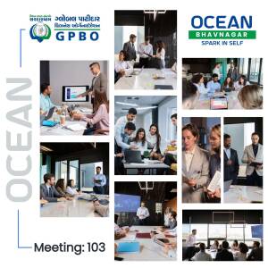 Collage of images depicting a business meeting and team collaboration at Ocean Bhavnagar.