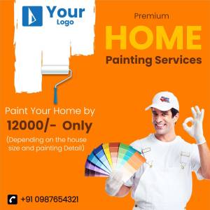 Advertisement for home painting services with a painter and color swatches.