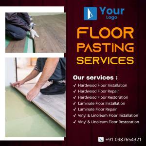 Image of a floor installation service advertisement with workers installing flooring.