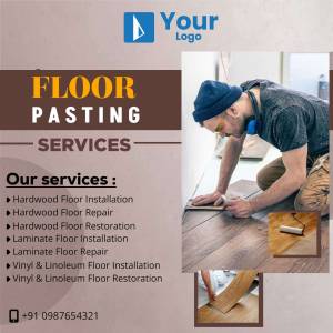 Floor pasting services advertisement with a worker installing flooring