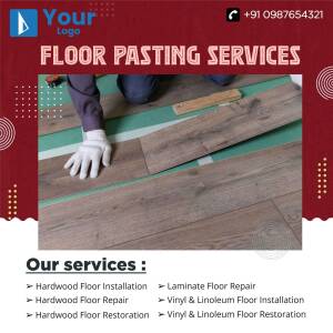 Floor pasting service advertisement with a worker installing flooring