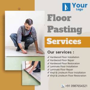 Floor pasting service with a worker installing flooring