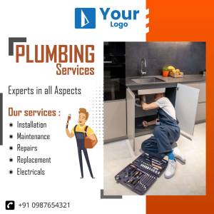 Advertisement for plumbing services with a plumber working under a kitchen sink.