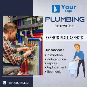 Plumbing services advertisement with a plumber working and a cartoon illustration.
