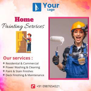 Woman painter holding a roller and a man painting a door, advertising home painting services.