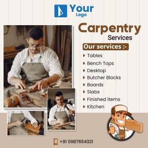 Advertisement for carpentry services featuring a carpenter working on wood and a list of services offered.