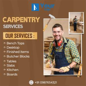Advertisement for carpentry services featuring a carpenter and a list of services offered.