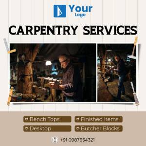 Advertisement for carpentry services featuring a carpenter working on wood.